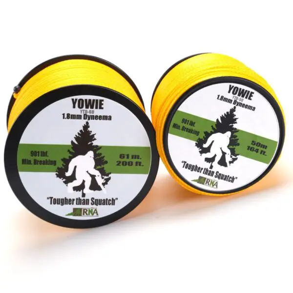 Two spools of bright yellow cord labeled "RNA YOWIE 1.8MM DYNEEMA THROWLINE" with a sasquatch graphic. The left spool is 200ft/61m, and the right spool is 164ft/50m, each having a minimum breaking strength of 901 lb. The tagline reads "Tougher than Squatch.