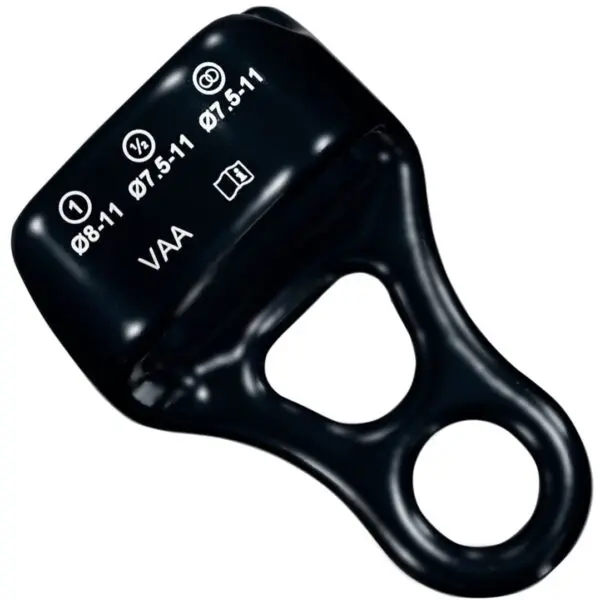 The image shows a black Omega Pacific SBGFG Belay/Rappel Device used in climbing. The device has printed text with symbols for rope diameters (Ø8-11, Ø7.5-11) and a carabiner symbol. The letters "VAA" are also visible on the device.