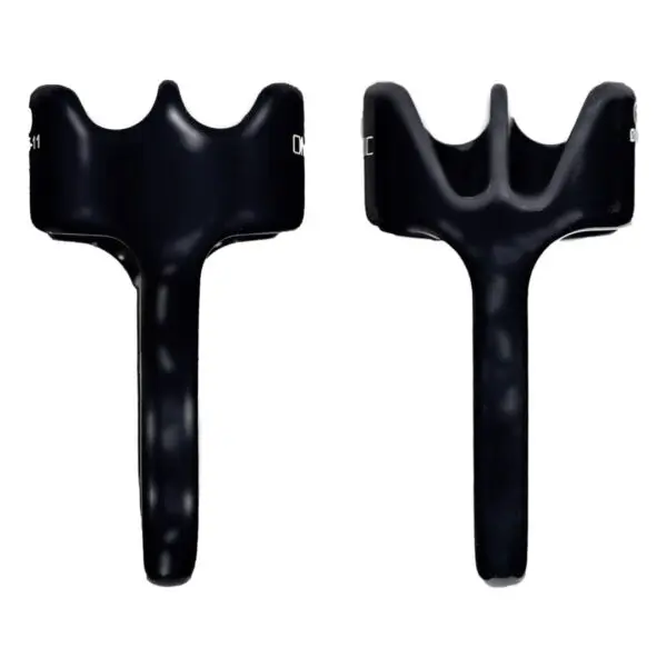 The image shows two black Omega Pacific SBGFG Belay/Rappel Devices with a butterfly shape. Each device has two wing-like structures that curve upwards, designed to hold and isolate teeth during dental procedures. The devices are shown from different angles.