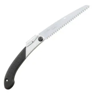 Image of a SILKY SUPER ACCEL 210 FOLDING SAW with a curved black handle and a straight, toothed steel blade. The handle has an ergonomic design with a hole near the end and a small locking mechanism where the blade meets the handle.