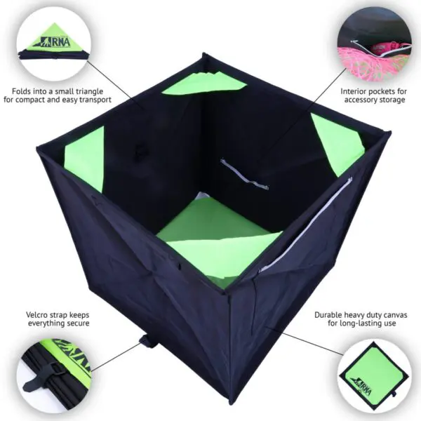 Portable and collapsible RNA COLLAPSIBLE THROWLINE CUBE with lime green accents, featuring interior pockets for organization, a durable heavy-duty canvas construction, and a convenient velcro strap for secure transportation. Folds into a compact triangle for easy carrying.
