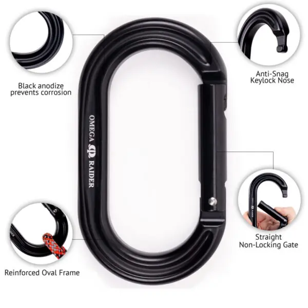 An image of a black Omega Pacific Raider Aluminum Keylock Straight Gate - Black with four cropped close-up insets highlighting key features: black anodize finish to prevent corrosion, anti-snag keylock nose, reinforced oval frame, and straight non-locking gate.