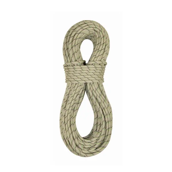 A neatly coiled beige Sterling C-IV Canyon Rope with black specks, wrapped in the middle to keep it secured and prevent tangling. The rope is displayed on a plain white background.