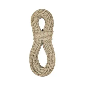 A coiled beige Sterling C-IV Canyon Rope with black and orange flecks, neatly wrapped and secured in the middle. The rope is laid flat against a white background.