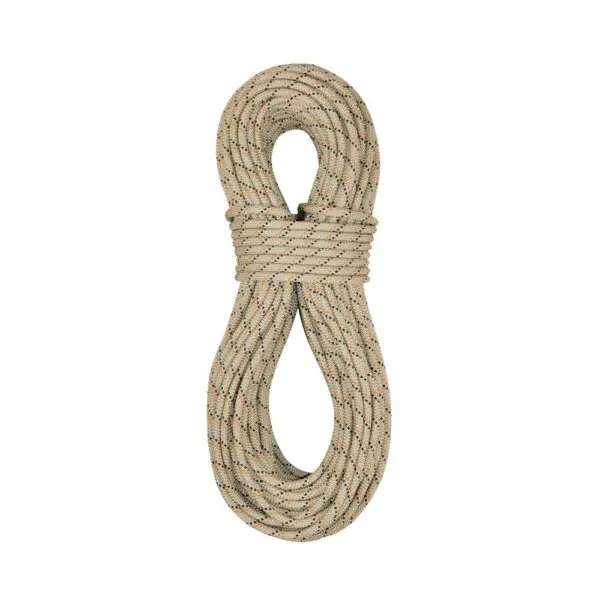 A coiled beige Sterling C-IV Canyon Rope with black and orange flecks, neatly wrapped and secured in the middle. The rope is laid flat against a white background.