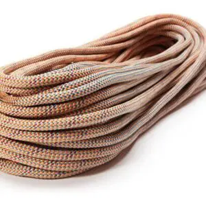 A Teufelberger 9mm Canyon Elite featuring a blend of orange, blue, and white colors. The rope is thick and tightly wound, designed for safety and durability in climbing activities.