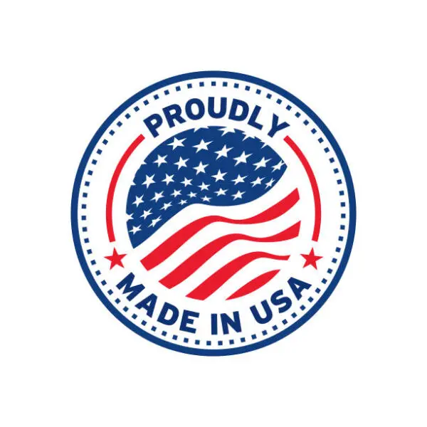 A circular badge with a blue and red color scheme featuring the American flag. Text around the top and bottom reads, "Proudly Made in USA." The flag is stylized in a wavy pattern within the circle. The border has small stars and dots. Product Name: Ape Canyon Outfitters Saddle Pouch Kryptek Highlander