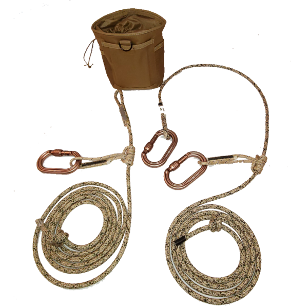 A set of climbing gear featuring two lengths of rope, both with attached carabiners, and a tan-colored pouch for storage. The ropes are coiled neatly, and the carabiners are metallic with a rust-colored finish. The pouch has a drawstring closure: Ape Canyon Outfitters 8mm Resc Tech Saddle Hunting Combo with Screw Lock Carabiners.