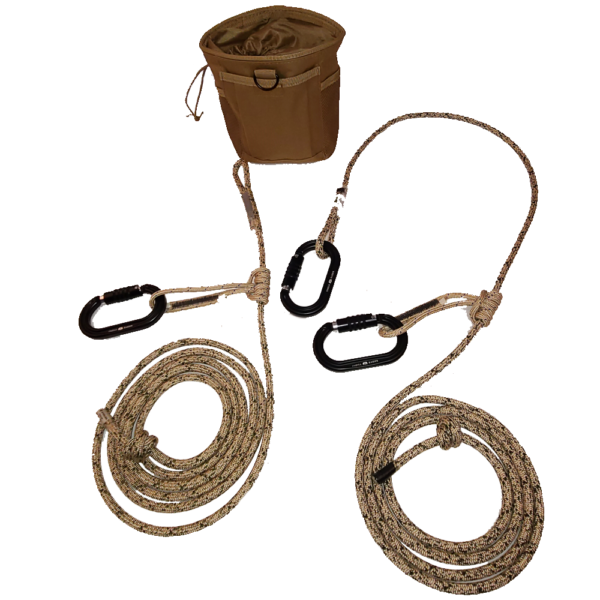 The image shows a tan-colored Ape Canyon Outfitters 8mm Resc Tech Saddle Hunting Combo with 3 Stage Quick Lock Carabiners, including a rope bag, two long climbing ropes, and two carabiners. The carabiners and ropes are secured with knots, indicating they are ready to be used for climbing or rappelling activities.