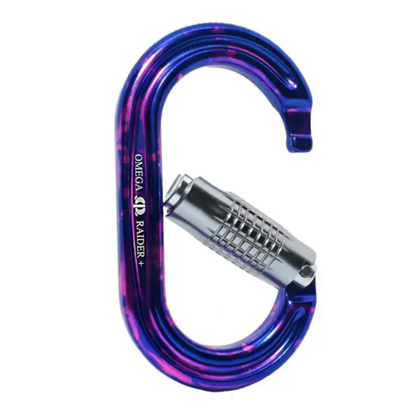 A blue and purple Omega Pacific Raider+ Aluminum Keylock 3-Stage Quik-Lok Ultra-Violet with a silver locking mechanism. The carabiner has the brand name "OMEGA RAIDER+" printed on its side. The background is white.
