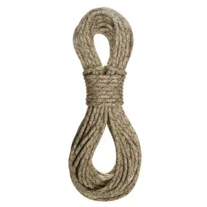 A coiled Sterling 8mm Oplux Tactical Rope in shades of grey and beige is neatly tied in the middle, forming a figure-eight shape. The rope features a speckled pattern and is displayed against a plain white background.