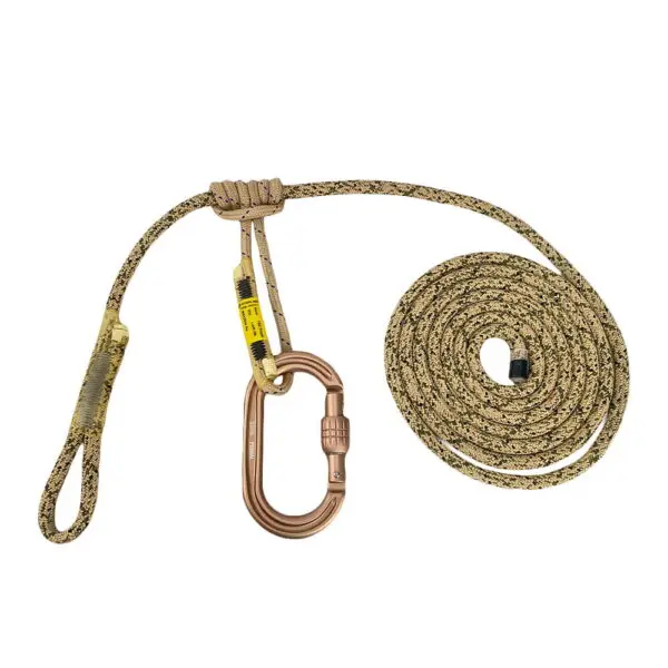 A coiled beige and black Ape Canyon Outfitters 8mm Oplux Tether System with Screw Lock Carabiner is shown. It features a metal carabiner attached to a knotted loop at one end and an eyelet loop at the other end. The tether system also has a yellow safety label near the knotted loop.