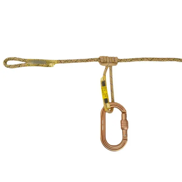 A yellow Ape Canyon Outfitters 8mm Oplux Tether System with Screw Lock Carabiner. The rope is looped and tied securely with a sliding knot, holding the carabiner. The carabiner has a locking mechanism and a label on it. The setup appears to be for climbing or securing purposes.