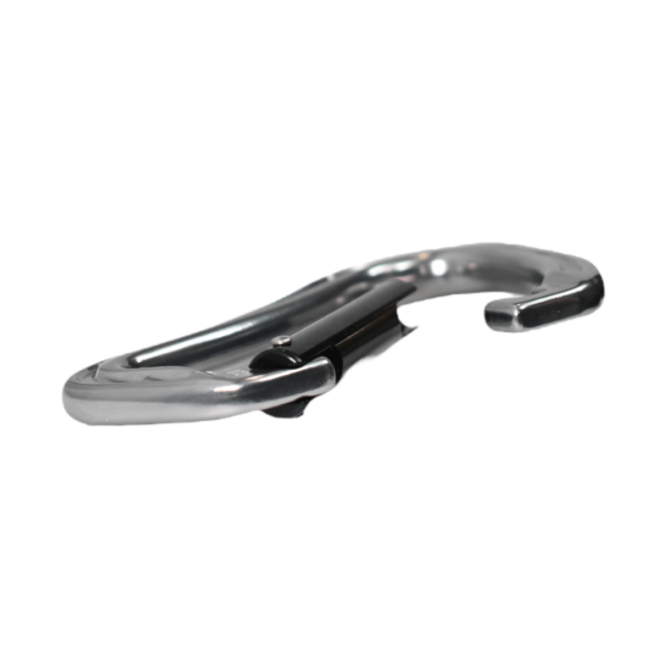 A silver S-shaped Omega Pacific Phantom Aluminum Keylock Straightgate Gunmetal with a black spring-loaded gate, intended for securing items or climbing, is shown against a white background.