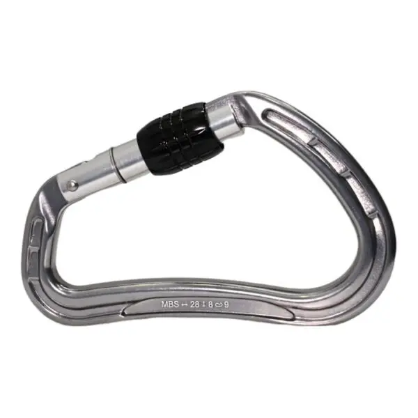 A Omega Pacific Phantom Aluminum Keylock Screw-Lok - Gunmetal with a black locking mechanism. It features the markings "MBS - 28 18 ⊗ 9" engraved on its side. The carabiner is typically used for climbing, securing gear, or other load-bearing activities.