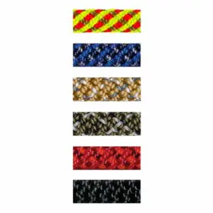 An image depicts seven different samples of STERLING 7 mm ACCESSORY CORD arranged vertically. The colors and patterns of the cords include red and yellow, blue and red, beige and gray, black and green, black and yellow, red, and black. Each cord has a unique braid design.