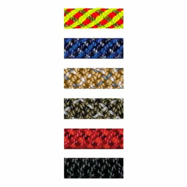 An image depicts seven different samples of STERLING 7 mm ACCESSORY CORD arranged vertically. The colors and patterns of the cords include red and yellow, blue and red, beige and gray, black and green, black and yellow, red, and black. Each cord has a unique braid design.