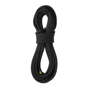 A STERLING 3/8″ WORKPRO neatly bound in the middle, forming two loops on either end. The texture appears sturdy, suited for climbing or heavy-duty use. The rope has a small yellow tag near one end, indicating a brand or measurement mark.