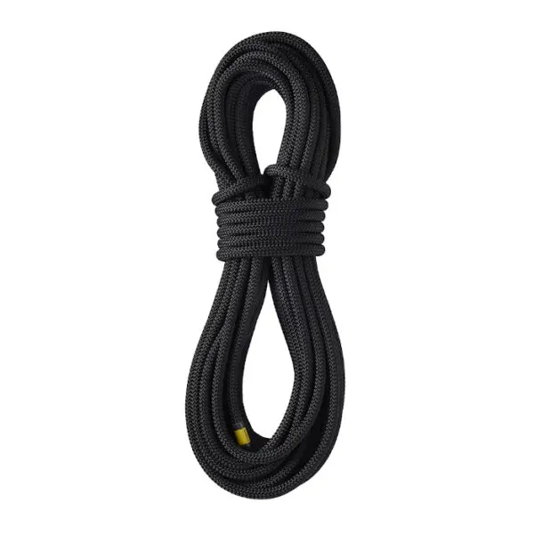 A STERLING 3/8″ WORKPRO neatly bound in the middle, forming two loops on either end. The texture appears sturdy, suited for climbing or heavy-duty use. The rope has a small yellow tag near one end, indicating a brand or measurement mark.