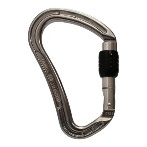 A silver Omega Pacific Phantom Aluminum Keylock Screw-Lok - Gunmetal carabiner with a black locking mechanism. The carabiner features a sleek, ergonomic design with the brand and model name etched on the side. Suitable for climbing and safety applications.