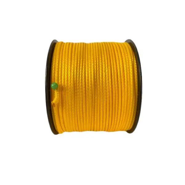 A spool of RNA YOWIE 1.8MM DYNEEMA THROWLINE with a green pin securing the end is shown. The rope is neatly wound around the black cylindrical reel, with the distinct vibrant color standing out against the simple background.
