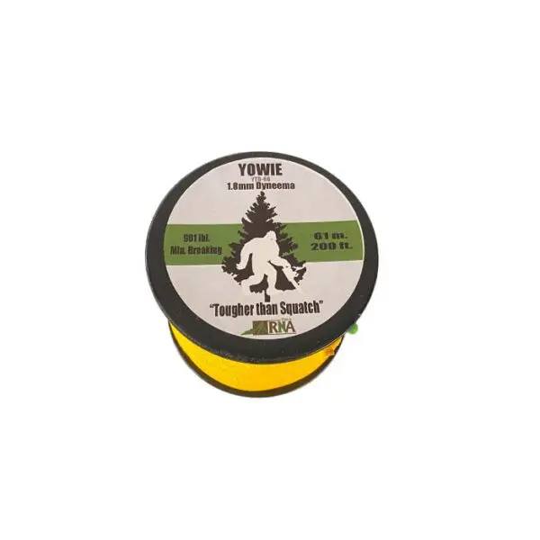 A spool of yellow cord labeled "RNA YOWIE 1.8MM DYNEEMA THROWLINE," with a minimum breaking strength of 591 pounds and a length of 200 feet (61 meters). The label features a silhouette of a Sasquatch with the text "Tougher than Squatch.