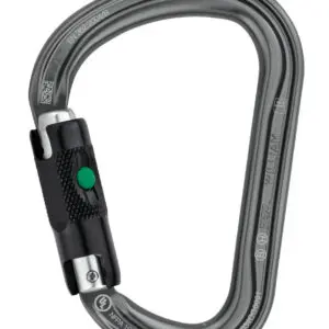A Petzl William Ball Lock with a black and green twist-lock mechanism. The Petzl William Ball Lock has various engravings, including technical specifications and standards. It features a smooth, asymmetrical D-shape design with a wide gate opening.