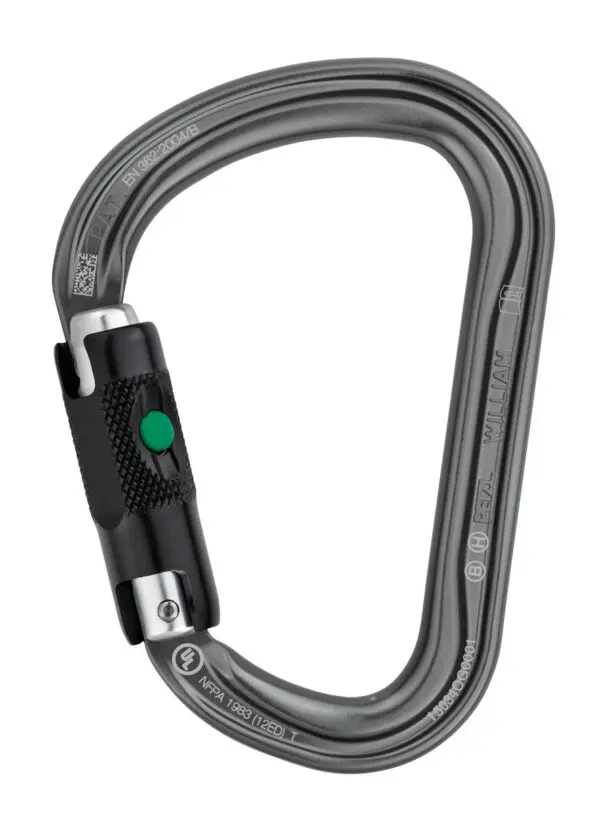 A Petzl William Ball Lock with a black and green twist-lock mechanism. The Petzl William Ball Lock has various engravings, including technical specifications and standards. It features a smooth, asymmetrical D-shape design with a wide gate opening.
