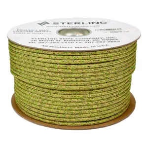 A spool of green and yellow braided rope with a white label on the top. The label indicates it is from Sterling Rope Company, Inc., with additional contact information and a note stating that all products are made in the USA. The product is named Sterling 8mm Flex Hitch Cord.