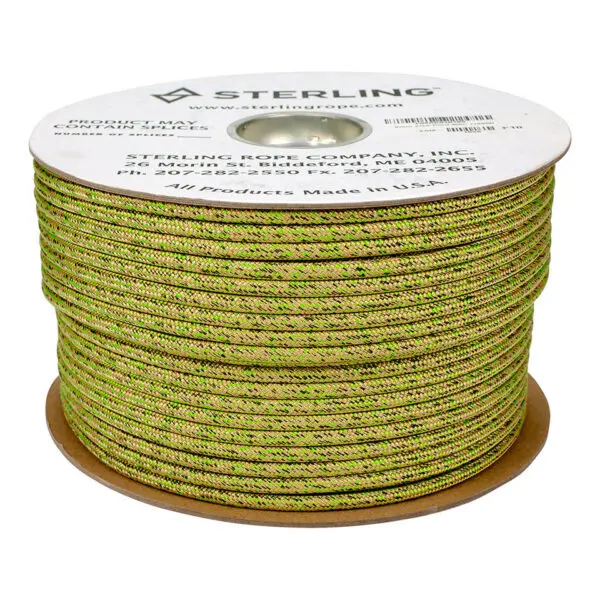 A spool of green and yellow braided rope with a white label on the top. The label indicates it is from Sterling Rope Company, Inc., with additional contact information and a note stating that all products are made in the USA. The product is named Sterling 8mm Flex Hitch Cord.