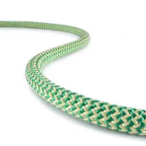 A close-up of a green and beige Teufelberger 8mm Ocean Polyester on a white background. The rope is slightly curved, creating a gentle wave pattern as it extends out of the frame. The texture and interlocking weave of the rope are clearly visible.