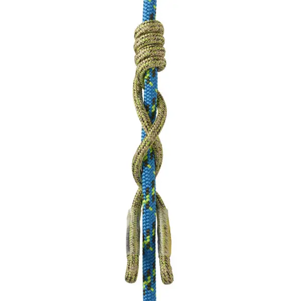 A Sterling 8mm Flex Hitch Cord tied in a complex knot against a white background. The knot features several loops and twists, demonstrating intricate rope work.