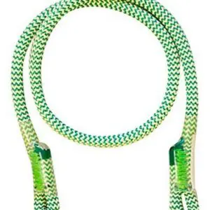 Certainly! Here's the revised sentence:

A green and white chevron-patterned RNA 8mm Ocean Polyester Eye & Eye with two sealed ends. The ends have green shrink wrap to prevent fraying. The loop forms an open, curved shape.