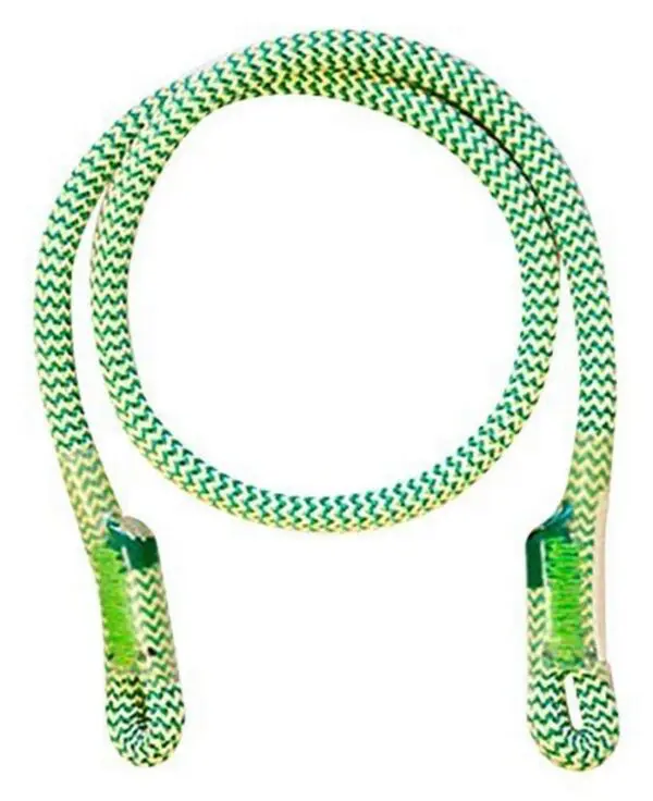 Certainly! Here's the revised sentence:

A green and white chevron-patterned RNA 8mm Ocean Polyester Eye & Eye with two sealed ends. The ends have green shrink wrap to prevent fraying. The loop forms an open, curved shape.