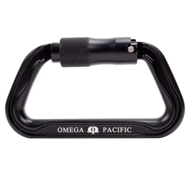 An Omega Pacific Standard D Aluminum Keylock 3-Stage Quik-lok NFPA with a keylock gate and a lock mechanism. The brand name "Omega Pacific" is printed in white on one of the sides. The carabiner has a robust and sleek design.