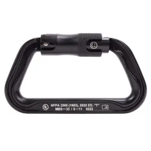 A black, locking carabiner clip is shown against a white background. Text on the Omega Pacific Standard D Aluminum Keylock 3-Stage Quik-lok NFPA includes "NFPA 2500 (1983), 2022 ED. 'T'" and "MBS=33 1 3 G=11 0223" along with certification logos.