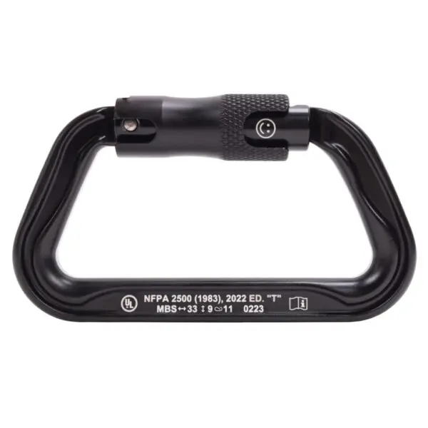 A black, locking carabiner clip is shown against a white background. Text on the Omega Pacific Standard D Aluminum Keylock 3-Stage Quik-lok NFPA includes "NFPA 2500 (1983), 2022 ED. 'T'" and "MBS=33 1 3 G=11 0223" along with certification logos.