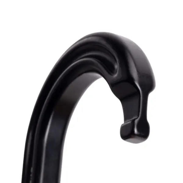 Close-up of a black Omega Pacific Raider Aluminum Keylock 3-Stage Quik-Lok NFPA - Black with a smooth, curved design. The hook is polished and shines under the light, presenting a minimalist and modern aesthetic.