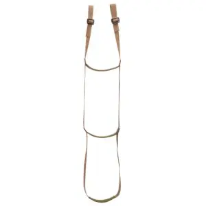 A brown strap harness with two adjustable buckles is shown. The Ape Canyon Outfitters Adjustable 3 Step Aider consists of a series of connected loops to support various objects, possibly gear or equipment, with emphasis on adjustability and support. The background is plain white.