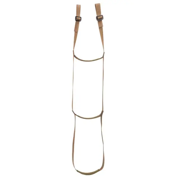 A brown strap harness with two adjustable buckles is shown. The Ape Canyon Outfitters Adjustable 3 Step Aider consists of a series of connected loops to support various objects, possibly gear or equipment, with emphasis on adjustability and support. The background is plain white.