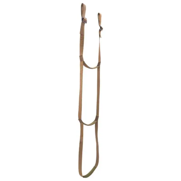 A long, brown Ape Canyon Outfitters Adjustable 3 Step Aider with buckles and loops is hanging vertically. The aider consists of two parallel straps joined at various points, forming loops and adjustable sections.