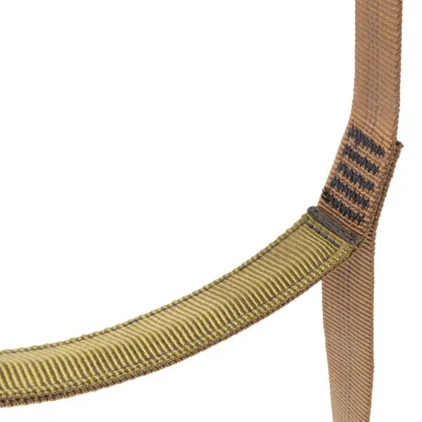 Close-up of a sturdy green and brown strap with visible stitching and a metal buckle. The strap appears to be made of durable material, such as nylon, and is likely part of a larger item like the Ape Canyon Outfitters Adjustable 3 Step Aider. The image emphasizes the strap's texture and construction.