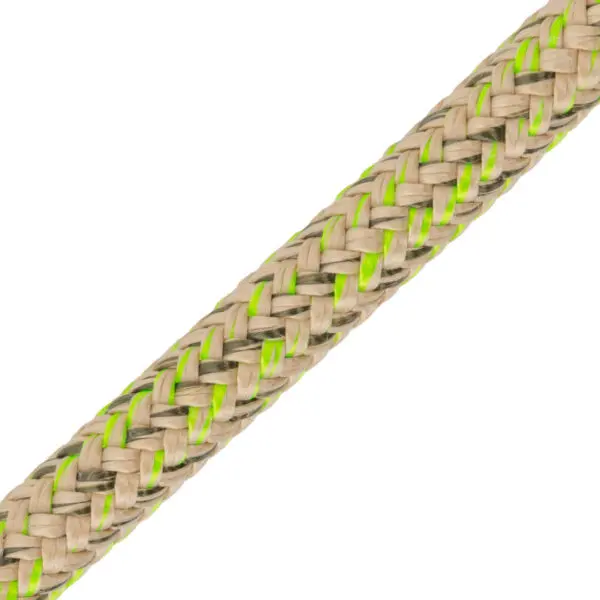 Close-up of a RNA 8mm Flex Eye & Eye with a pattern that combines beige and green threads. The intricate weave creates a textured, sturdy appearance. The green threads are interwoven in a diagonal line pattern, providing a contrast to the dominant beige color.