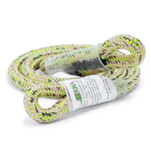 A coiled beige and green cord is shown with a label wrapped around its middle. The cord has a woven pattern and is designed for climbing or similar activities. The label includes text and branding information for the RNA 8mm Flex Eye & Eye.