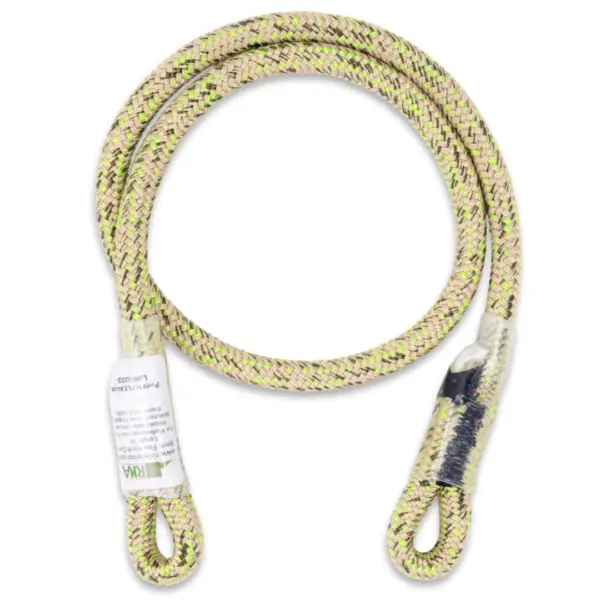 This image shows a coiled, multi-colored braided rope with loops on both ends. The two ends are secured with a protective covering, and attached labels are visible. The colors feature a blend of beige, green, and black. This is the RNA 8mm Flex Eye & Eye.