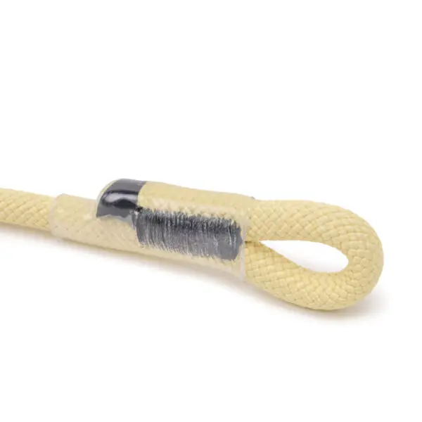 Close-up of a beige braided RNA 8mm RIT Eye & Eye with one end looped and secured by a black and clear plastic sleeve. The rope appears to be tightly woven and the loop is reinforced for added strength. The image is set against a white background.