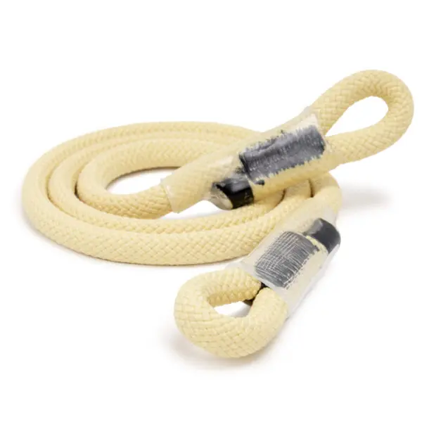 A coiled RNA 8mm RIT Eye & Eye with black and silver tape reinforcing the ends and loops on both sides, designed for vehicle towing or heavy-duty pulling tasks.