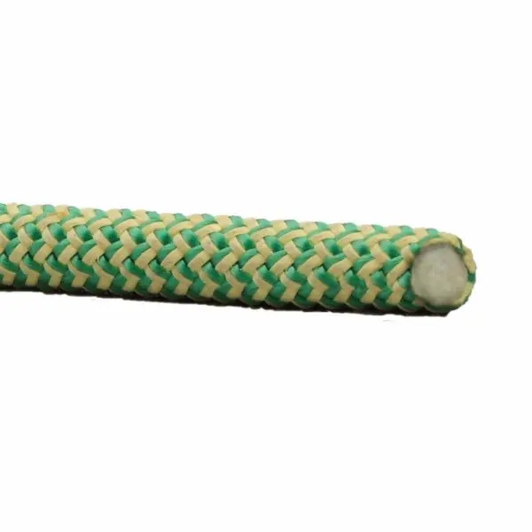 Close-up of a Teufelberger 8mm Ocean Polyester showing green and yellow interwoven strands. The rope appears to be made of synthetic material and is depicted on a plain white background. The end of the rope is cut, revealing its inner core.