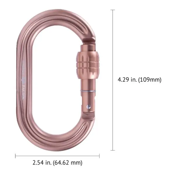 A rose gold Omega Pacific Raider Tactical Oval Screw-Lok Sand Tan with dimensions labeled. The height is 4.29 inches (109 mm), and the width is 2.54 inches (64.62 mm). The carabiner features a screw-lock mechanism for securing the gate. The brand "Omega Pacific" is engraved along the carabiner's side.