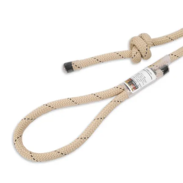 A beige, braided rope with a black-tipped end and a knotted segment near the other end. The rope has a loop forming at one end, and there is a label with text and images wrapped around it. Black accents are visible along the length of the Ape Canyon Outfitters 9.5mm Rogue Tether.